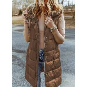 NEW DEAR LOVER hooded long quilted vest coat in chestnut
